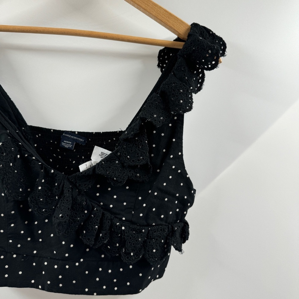 American Eagle Black & White Polka Dot Cropped Tank Top with Ruffle Trim - Picture 3 of 7